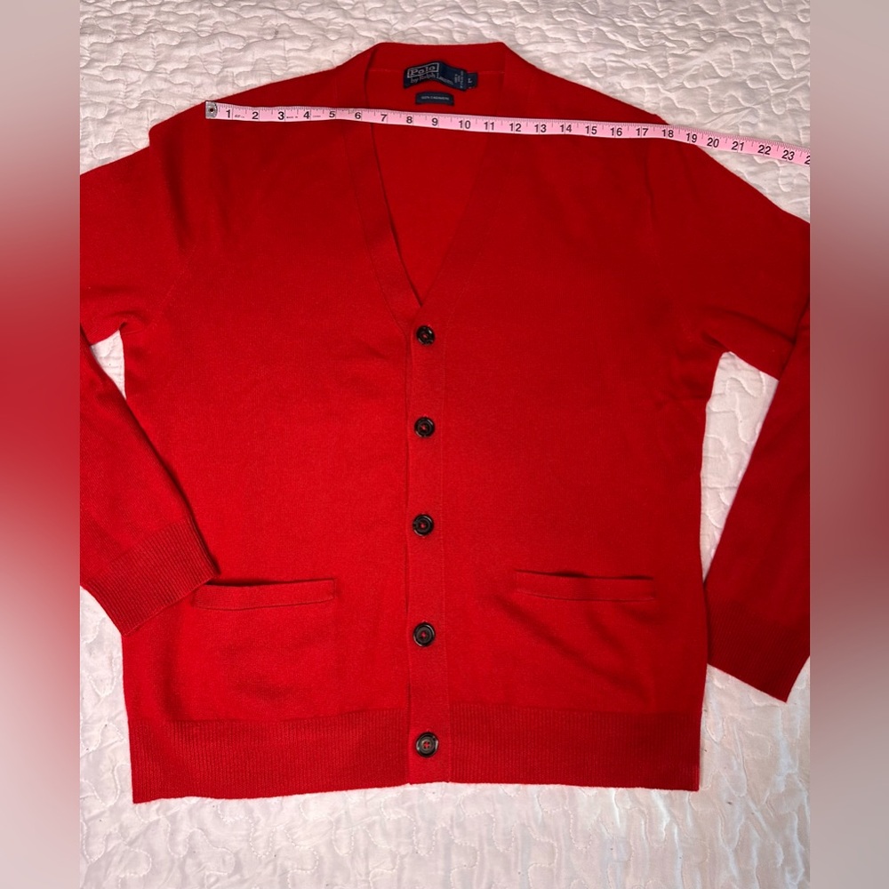 Vintage 90s Polo Ralph Lauren Cashmere Cardigan Sweater Red Y2K Classic Knit L - Picture 8 of 12
